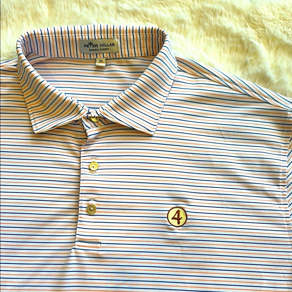 Pinehurst #4 Peter Millar Striped Polo Shirt - Blue and Orange